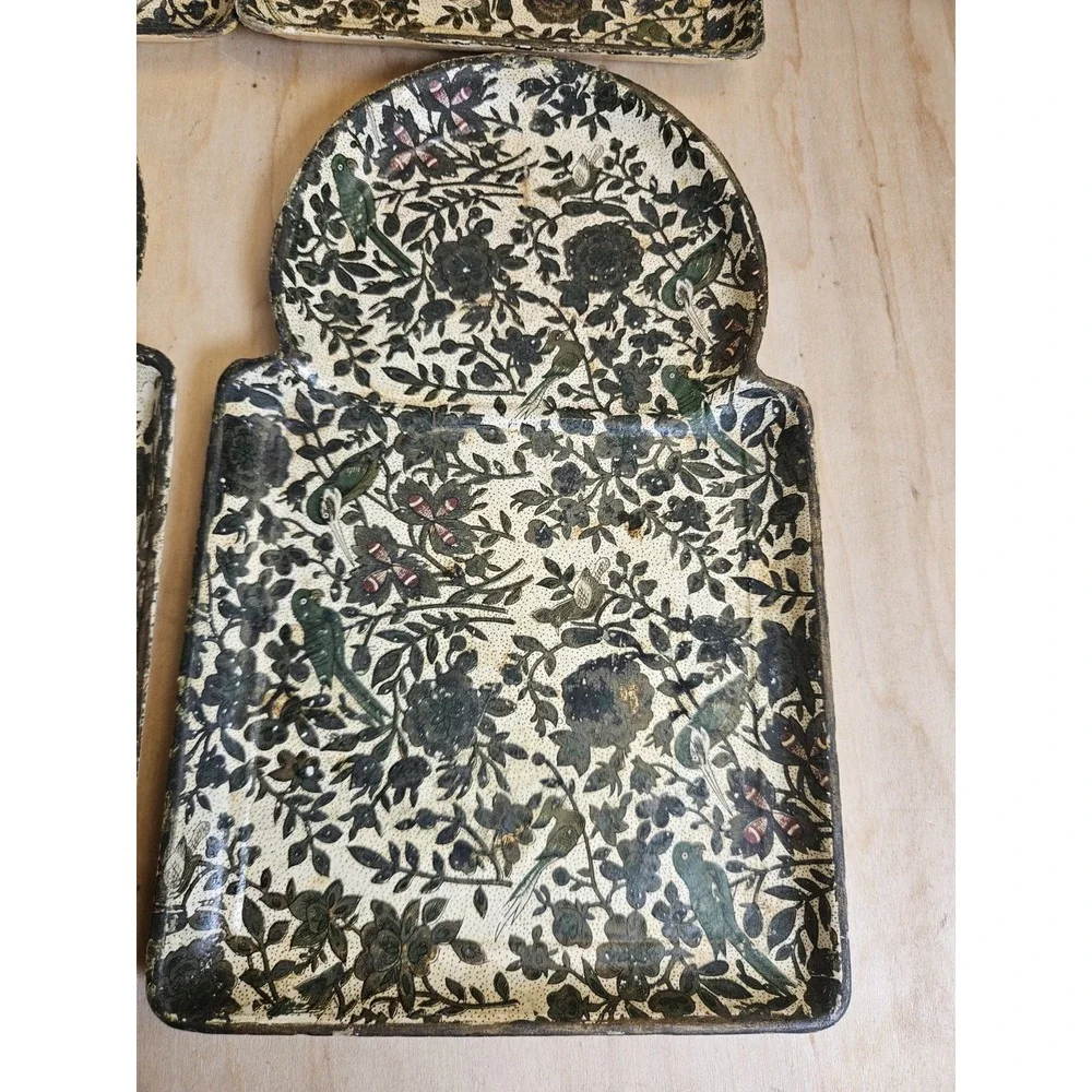 Vintage Mid Century Japanese Paper Mache Snack Trays Set 4 Floral Birds Knobler